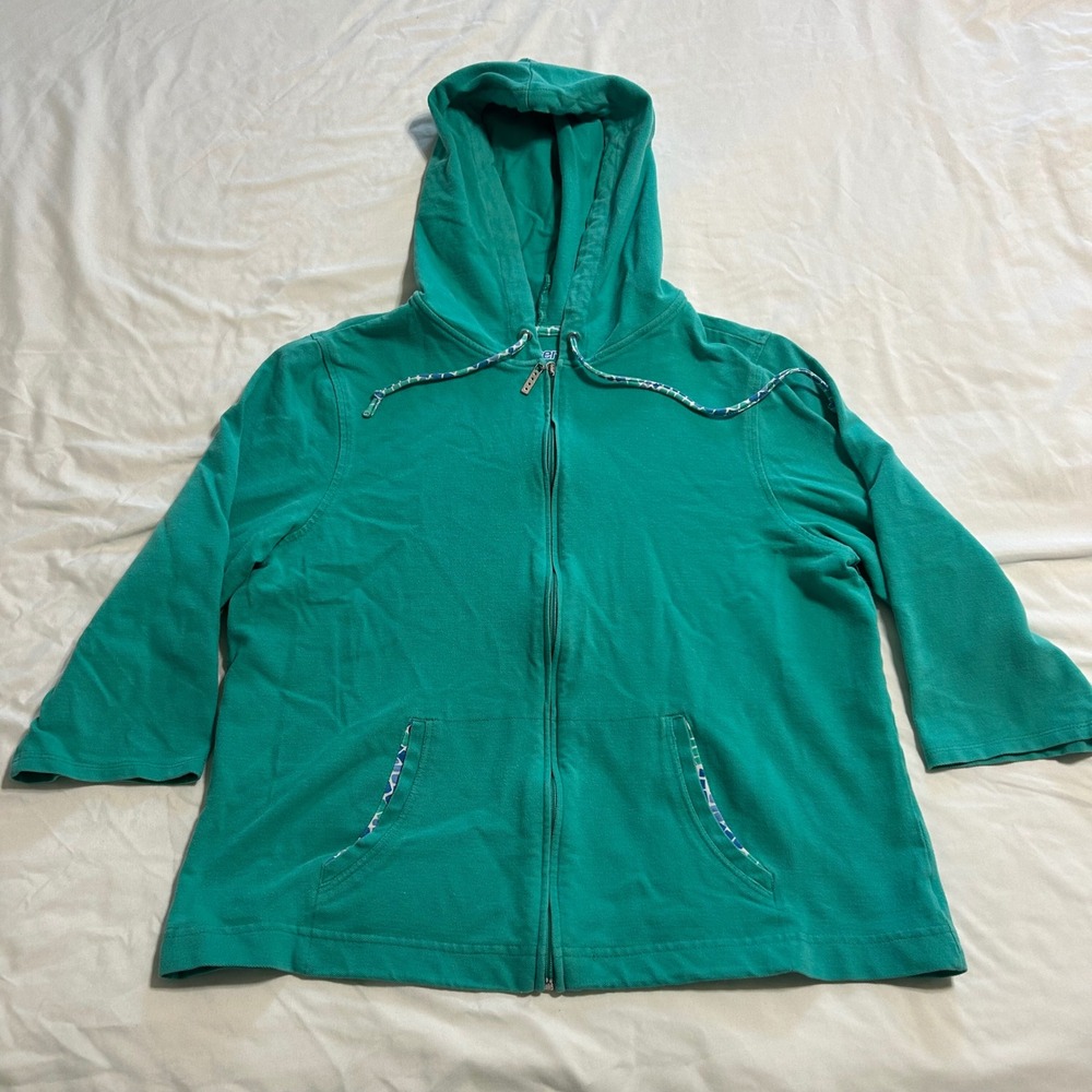 Pacer Womens Green 3/4 Sleeve Full Zip Hoodie Pique Knit Sweatshirt Large